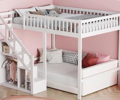 Hochbett mit Lattenrost, Stauraum, Regal und Treppe
